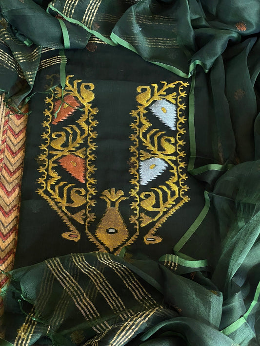 Handwoven Jamdani Dupatta Set (Kurta Fabric+Dupatta) in Pure Muslin Cotton - Masakalee