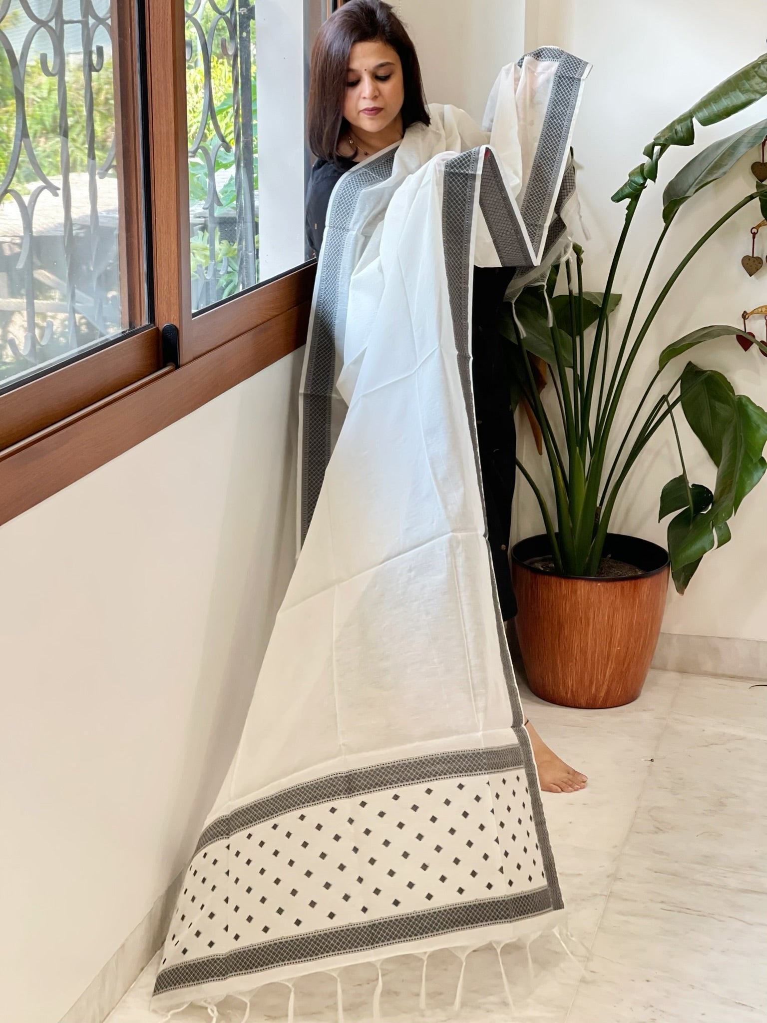 Handwoven Mul Chanderi Dupatta with Jamdani Pallu - Masakalee