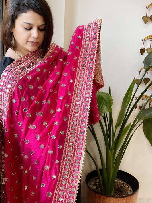 Hot Pink Crepe Dupatta with Mirror and Cut Daana Work with Gota Lace Border - Masakalee