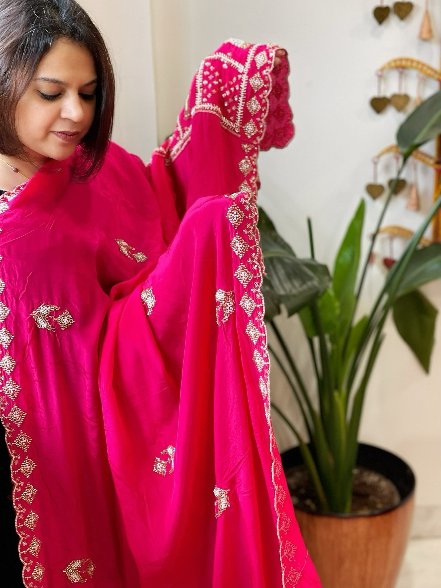 Hot Pink Crepe Dupatta with Pearl, Cut Daana, Gold Thread & Sequin Embroidery - Masakalee