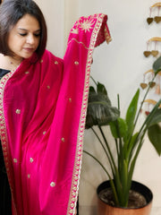 Hot Pink Crepe Dupatta with Pearl, Cut Daana, Gold Thread & Sequin Embroidery - Masakalee