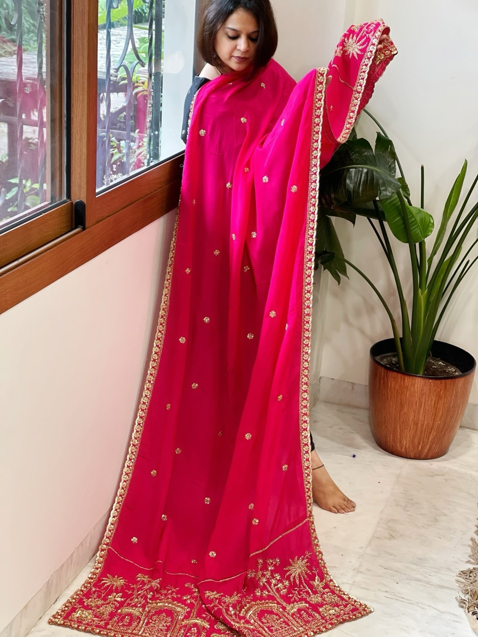 Hot Pink Crepe Dupatta with Pearl, Cut Daana, Gold Thread & Sequin Embroidery - Masakalee