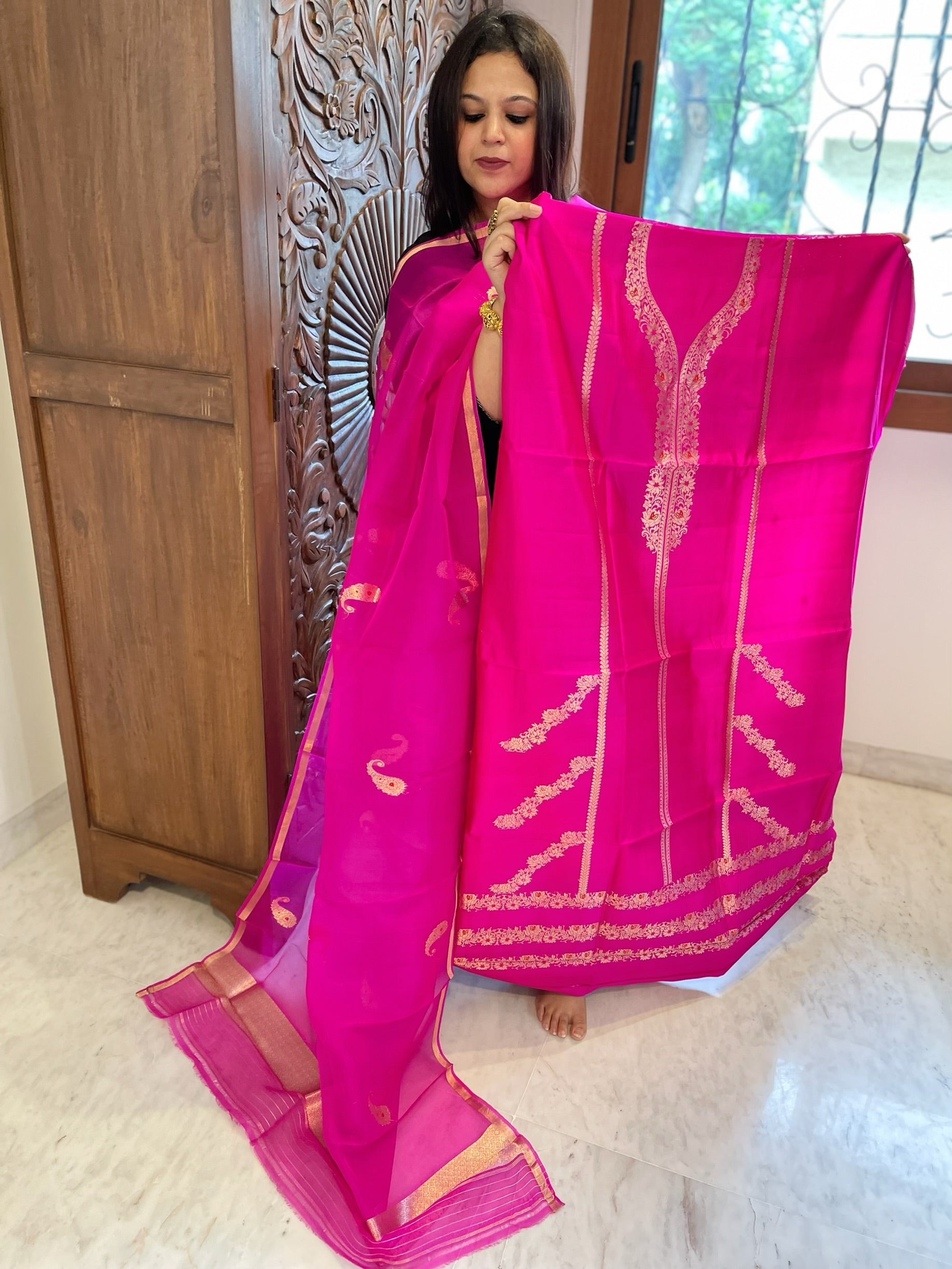 Hot Pink Designer Banarasi Suit Set in Pure Silk - Masakalee