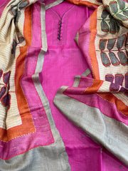 Hot Pink Dupatta Set (Kurta+Dupatta) with Handblock Print in Pure Tussar Silk - Masakalee