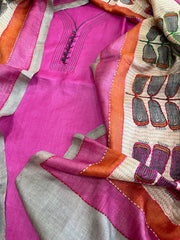 Hot Pink Dupatta Set (Kurta+Dupatta) with Handblock Print in Pure Tussar Silk - Masakalee