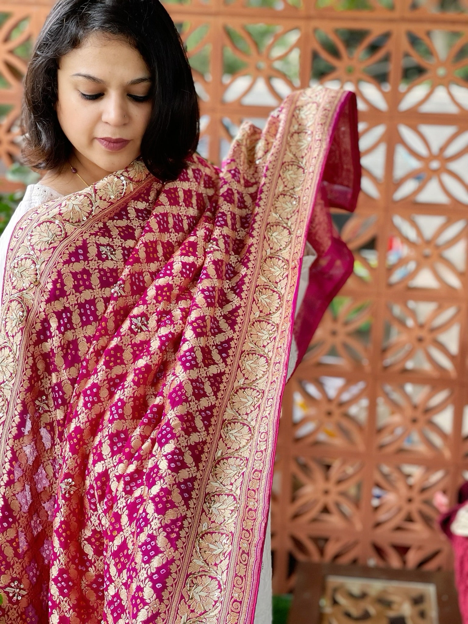 Hot Pink Handwoven NeemZari Bareek Bandhani with Dabka Handwork in Pure Georgette - Masakalee