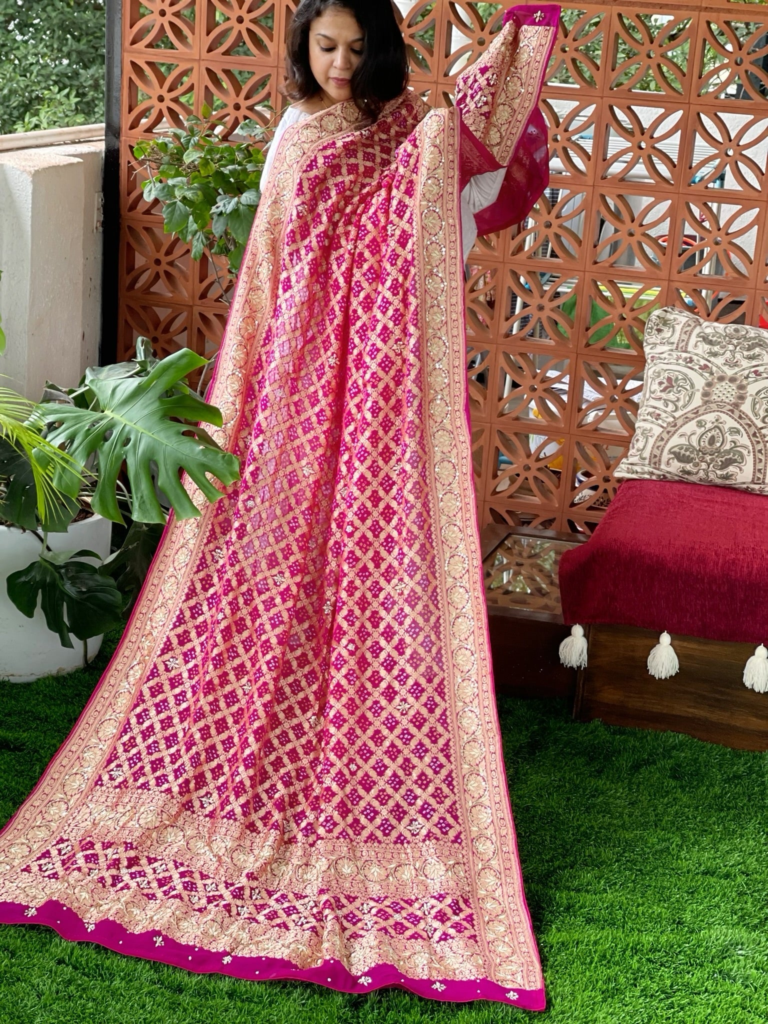 Hot Pink Handwoven NeemZari Bareek Bandhani with Dabka Handwork in Pure Georgette - Masakalee