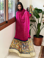Hot Pink Rai Bandhej Dupatta with Handpainted Kalamkari Pallu in Pure Muga Silk - Masakalee