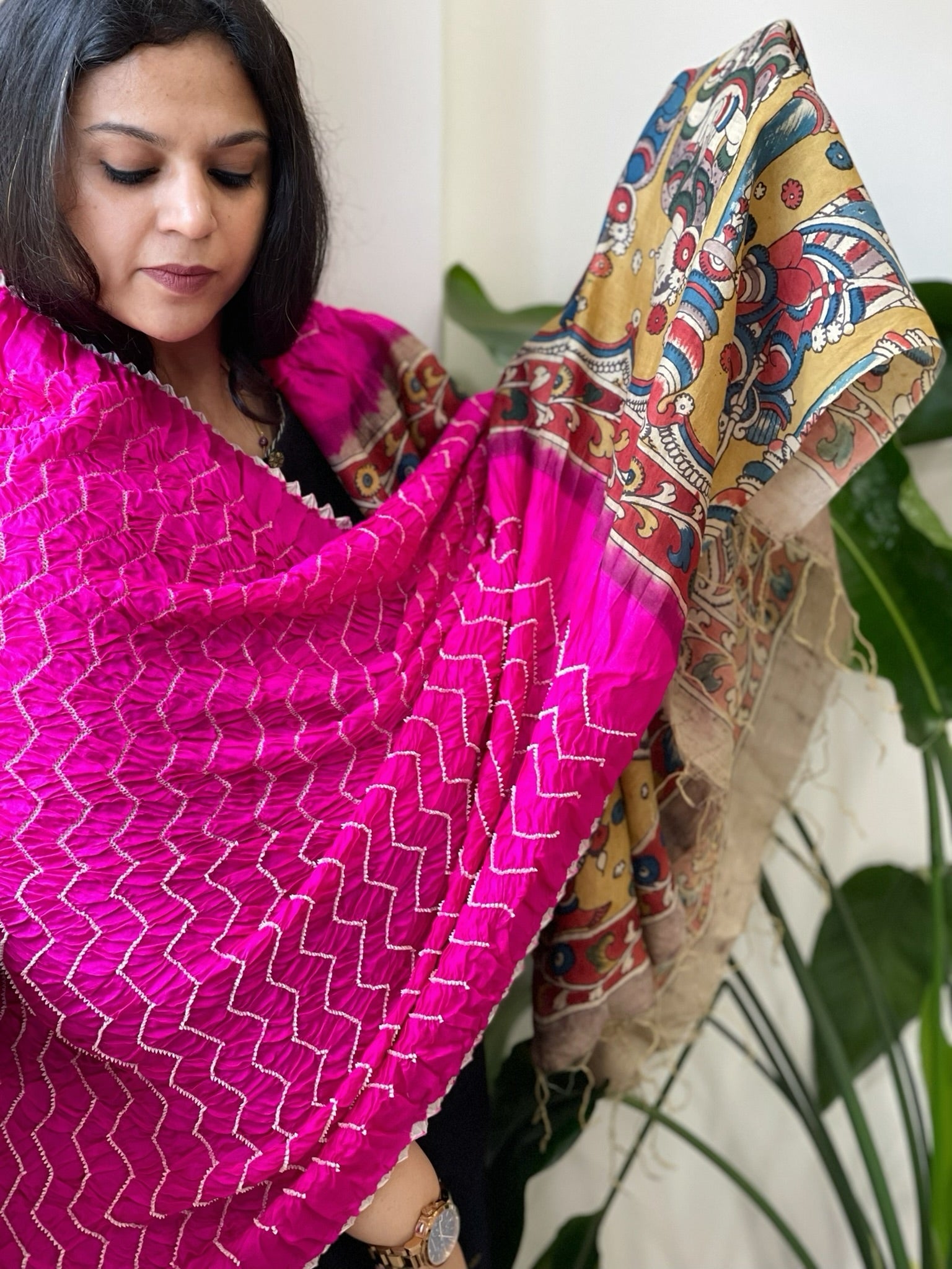 Hot Pink Rai Bandhej Dupatta with Handpainted Kalamkari Pallu in Pure Muga Silk - Masakalee