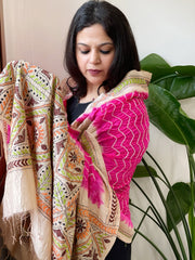 Hot Pink Rai Bandhej Dupatta with Kantha Handwork in Pure Munga Tussar Silk - Masakalee