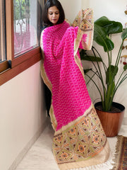 Hot Pink Rai Bandhej Dupatta with Kantha Handwork in Pure Munga Tussar Silk - Masakalee