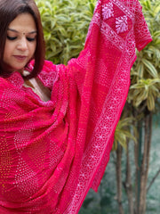 Hot Pink Rai Bandhej Dupatta with Lucknowi Handwork in Pure Georgette - Masakalee