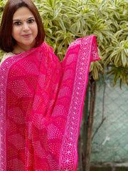 Hot Pink Rai Bandhej Dupatta with Lucknowi Handwork in Pure Georgette - Masakalee