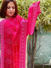 Hot Pink Rai Bandhej Dupatta with Lucknowi Handwork in Pure Georgette - Masakalee