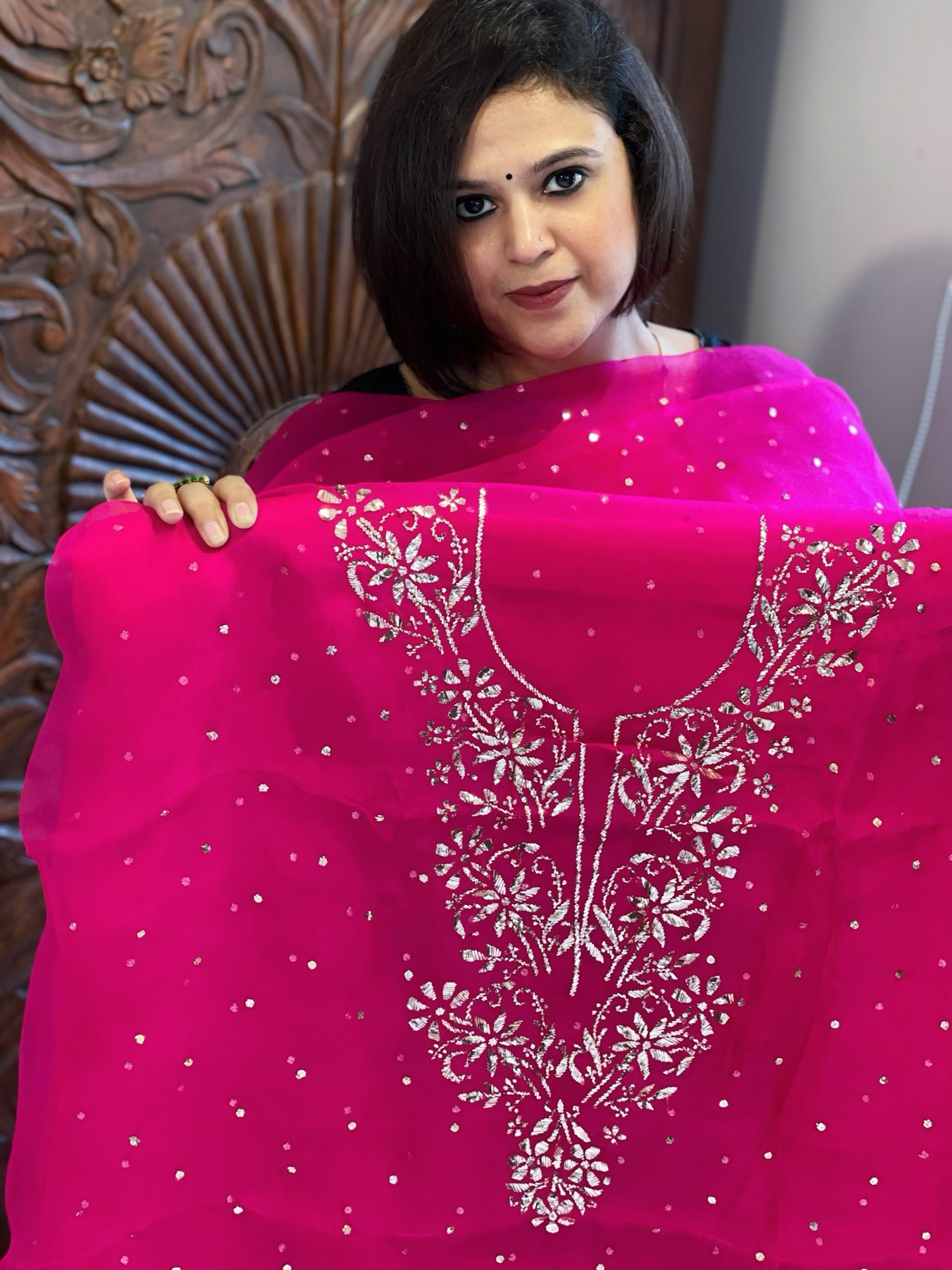 Hot Pink Suit Set with Mukaish Badla Handwork in Pure Organza - Masakalee