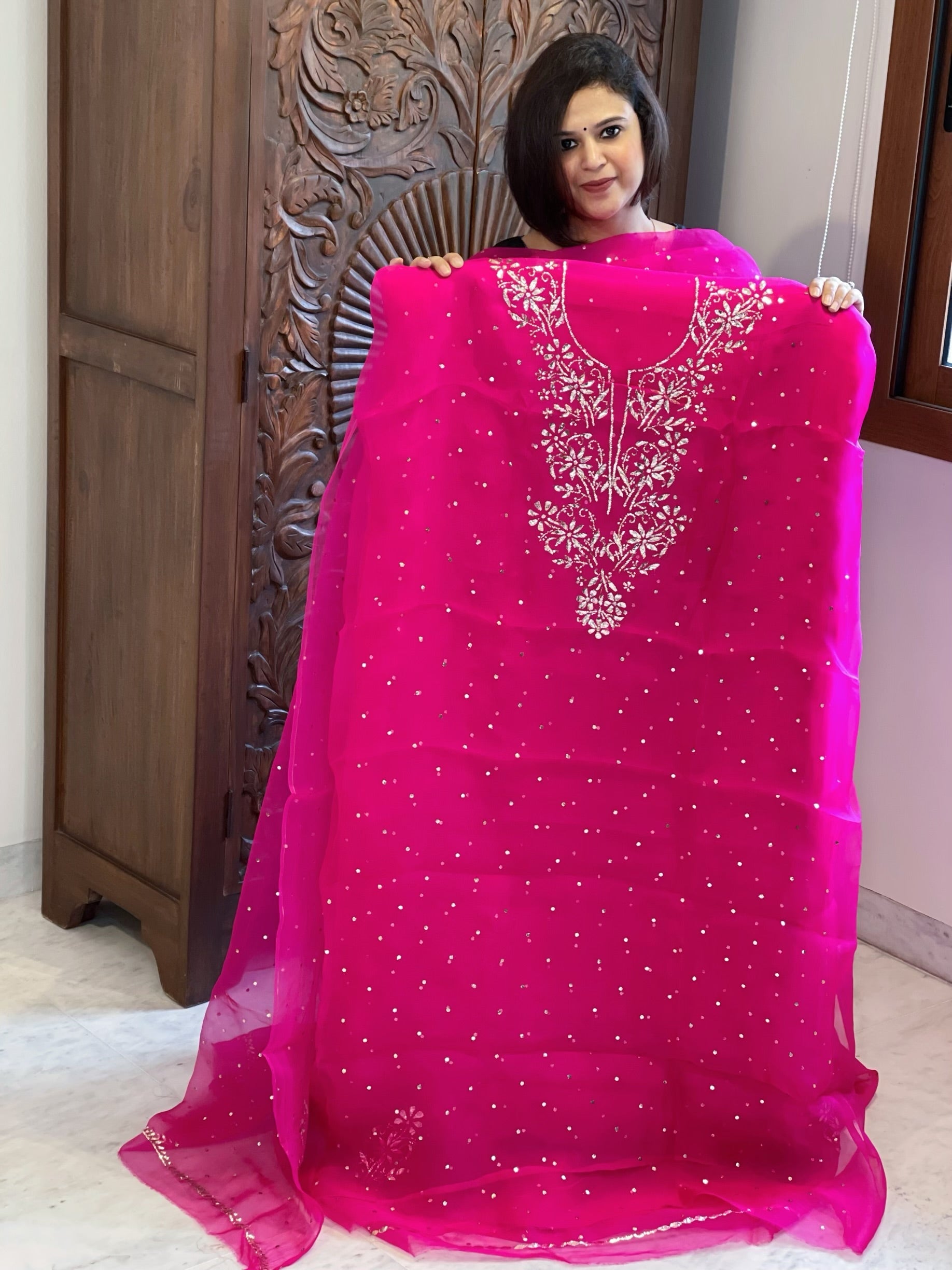 Hot Pink Suit Set with Mukaish Badla Handwork in Pure Organza - Masakalee