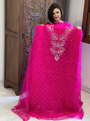 Hot Pink Suit Set with Mukaish Badla Handwork in Pure Organza - Masakalee