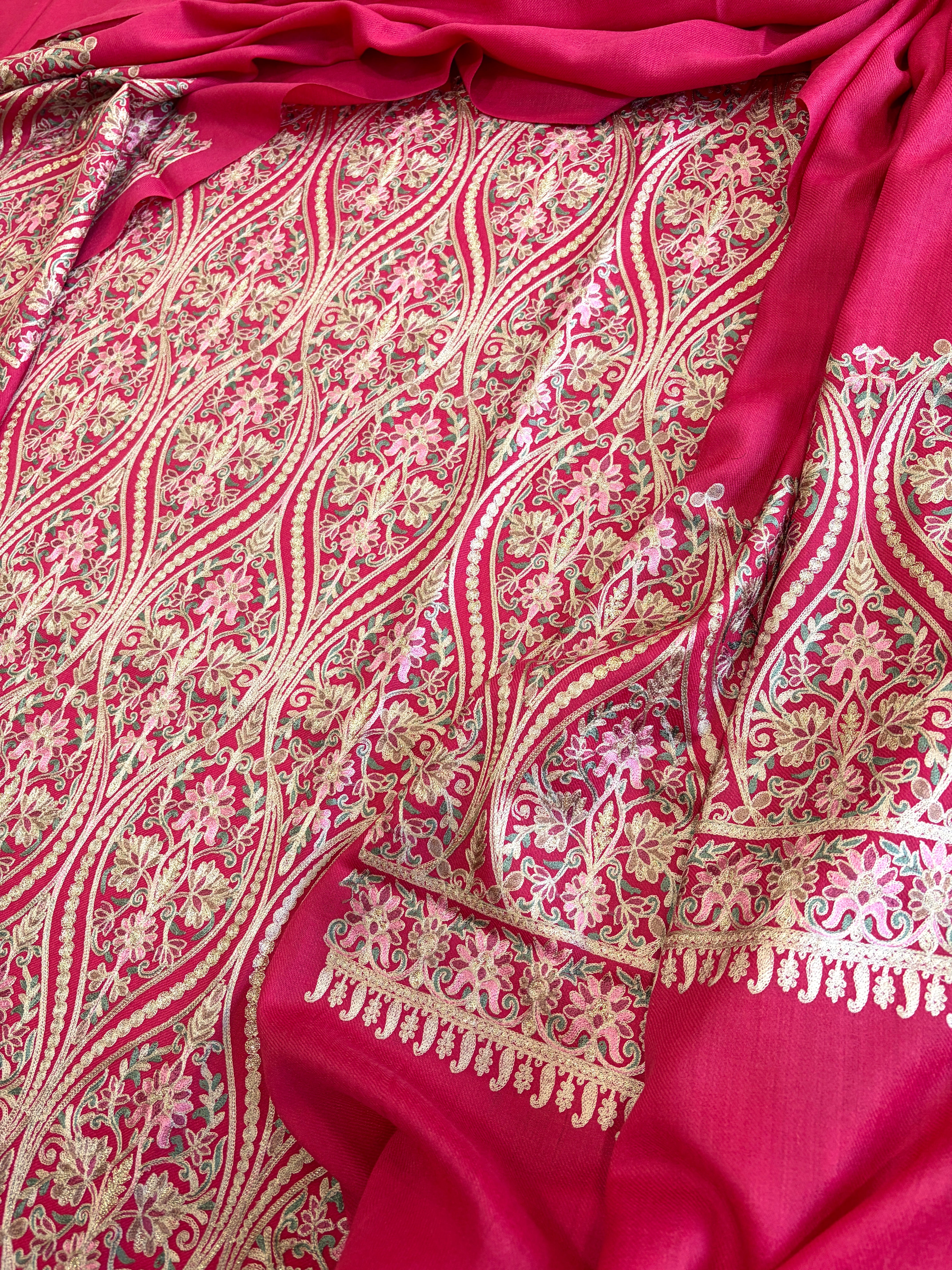 Hot Pink Winter Suit Set with Aari Work in Pashmina Wool - Masakalee