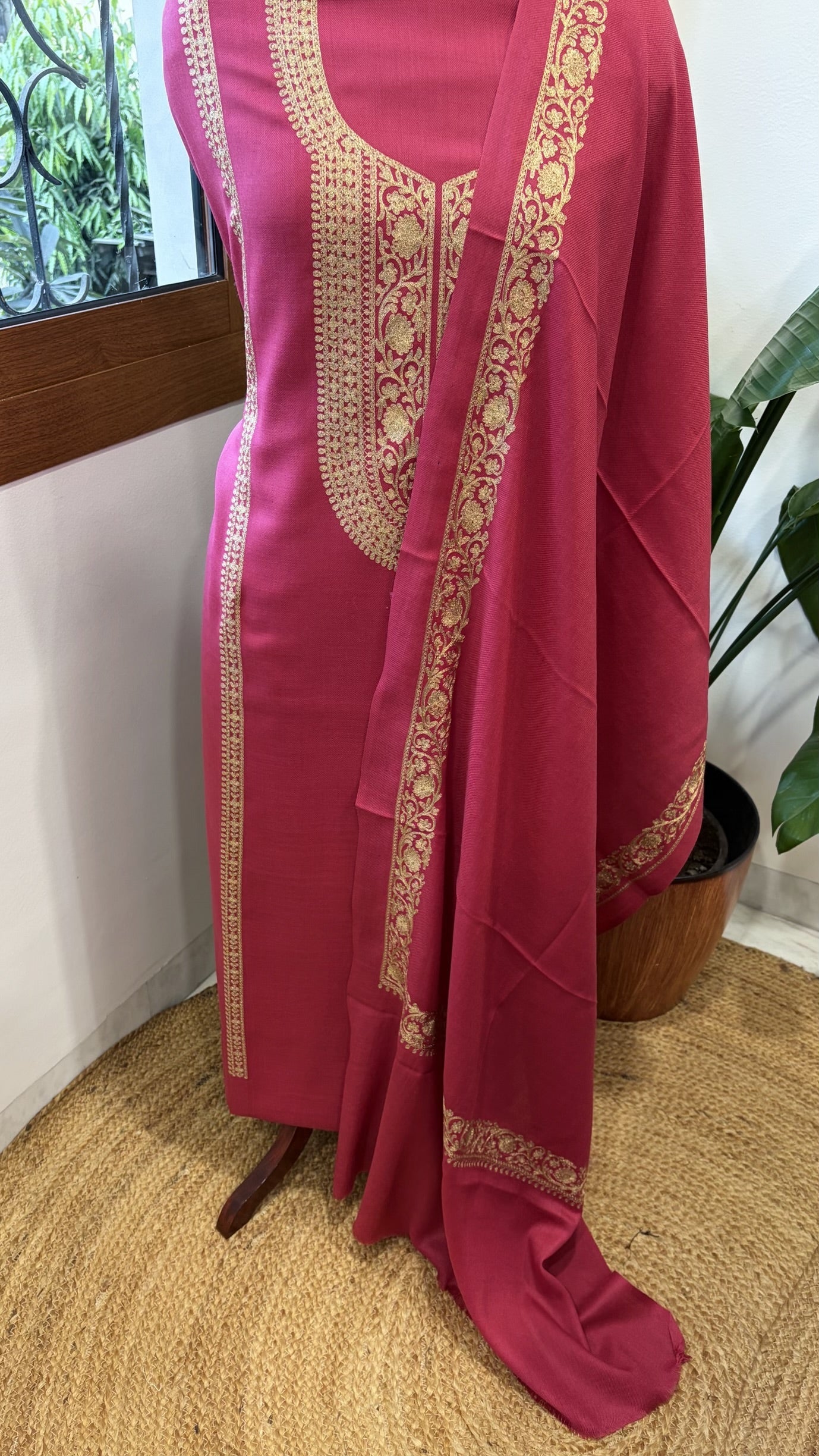 Hot Pink Winter Suit Set with Aari Work in Pashmina Wool - Masakalee