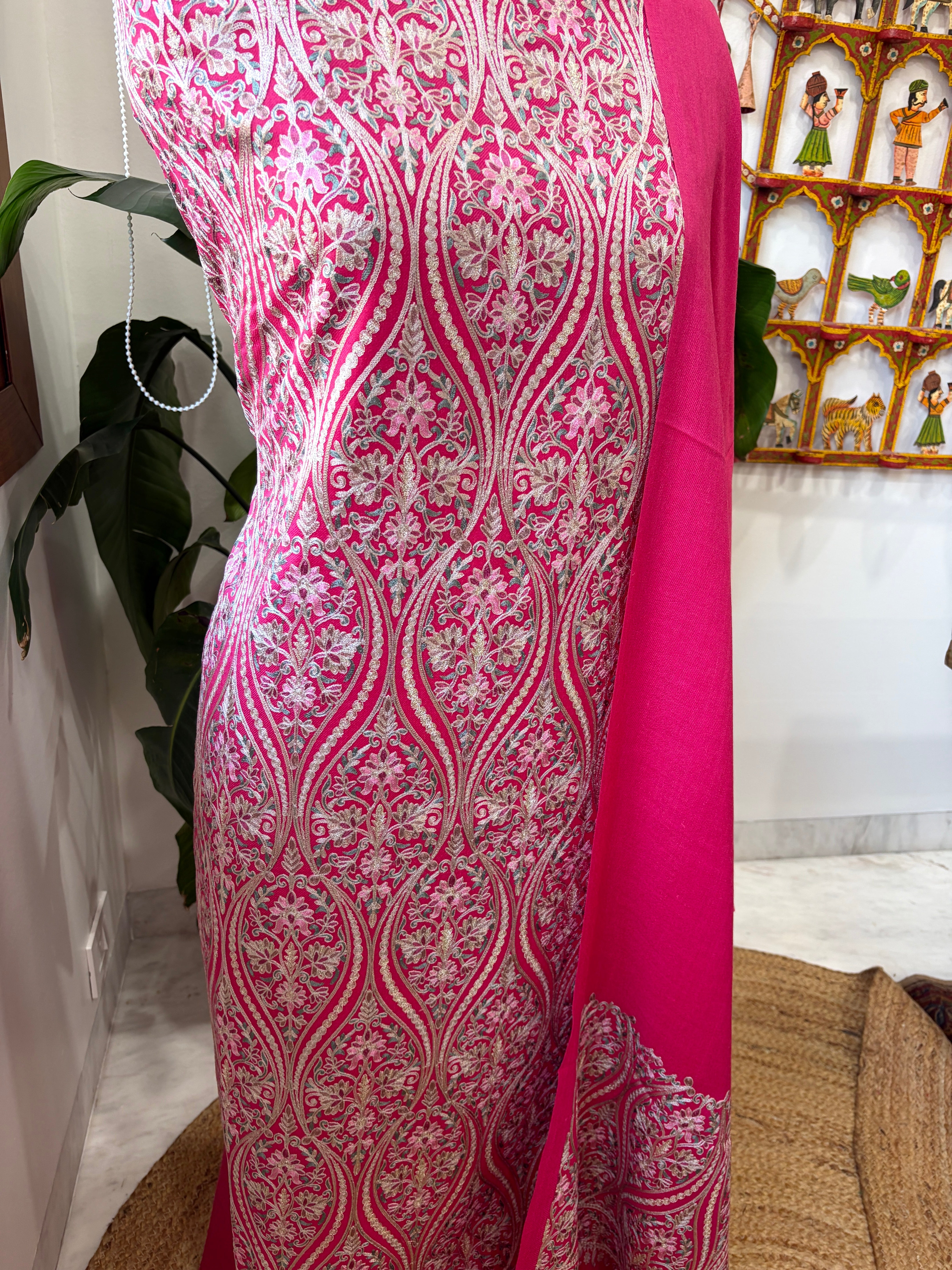 Hot Pink Winter Suit Set with Aari Work in Pashmina Wool - Masakalee