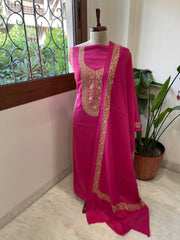 Hot Pink Winter Suit Set with Aari Work in Pashmina Wool - Masakalee