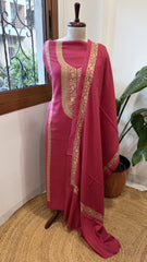 Hot Pink Winter Suit Set with Aari Work in Pashmina Wool - Masakalee