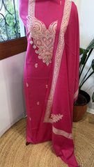 Hot Pink Winter Suit Set with Aari Work in Pashmina Wool - Masakalee
