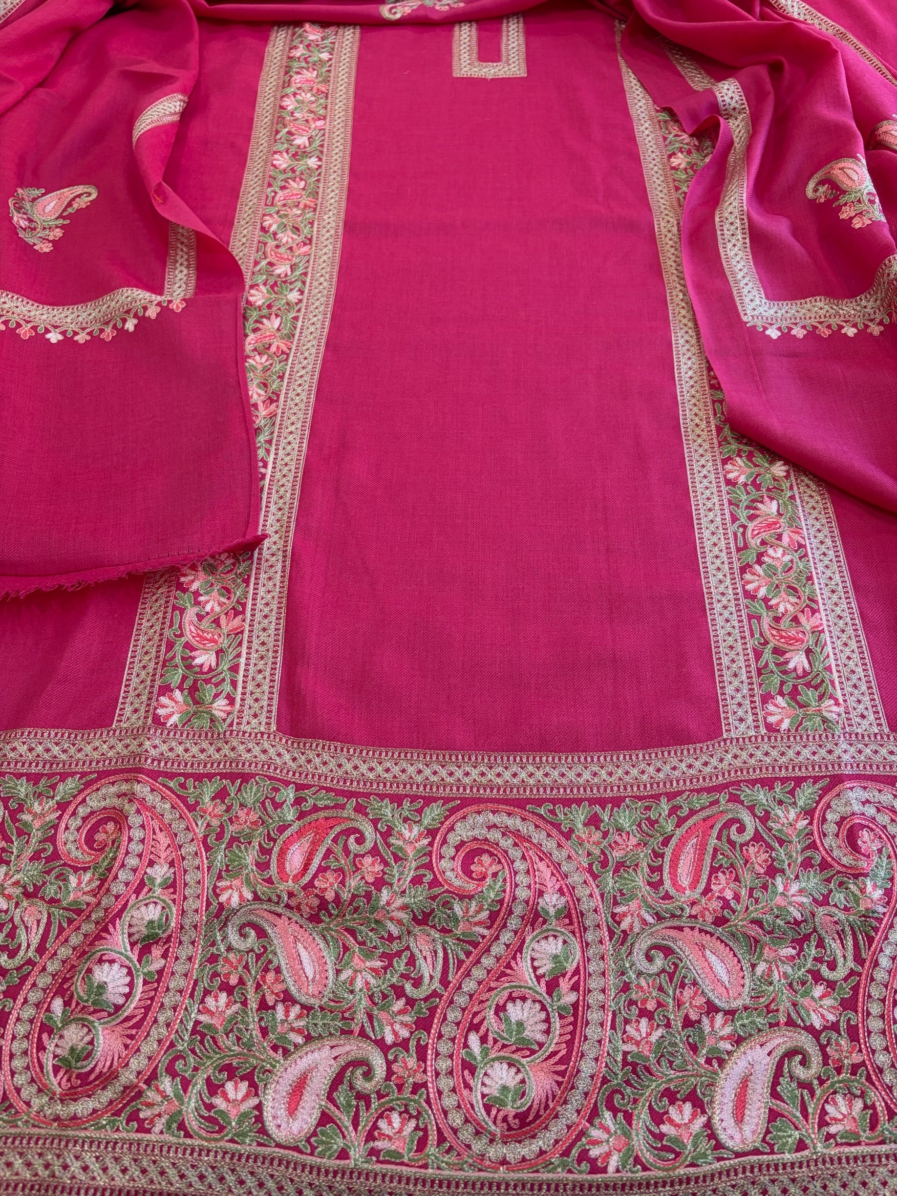 Hot Pink Winter Suit Set with Aari Work in Pashmina Wool - Masakalee