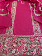 Hot Pink Winter Suit Set with Aari Work in Pashmina Wool - Masakalee