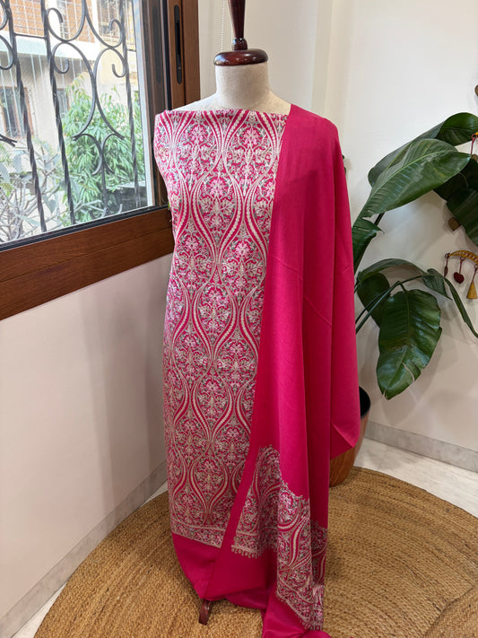 Hot Pink Winter Suit Set with Aari Work in Pashmina Wool - Masakalee