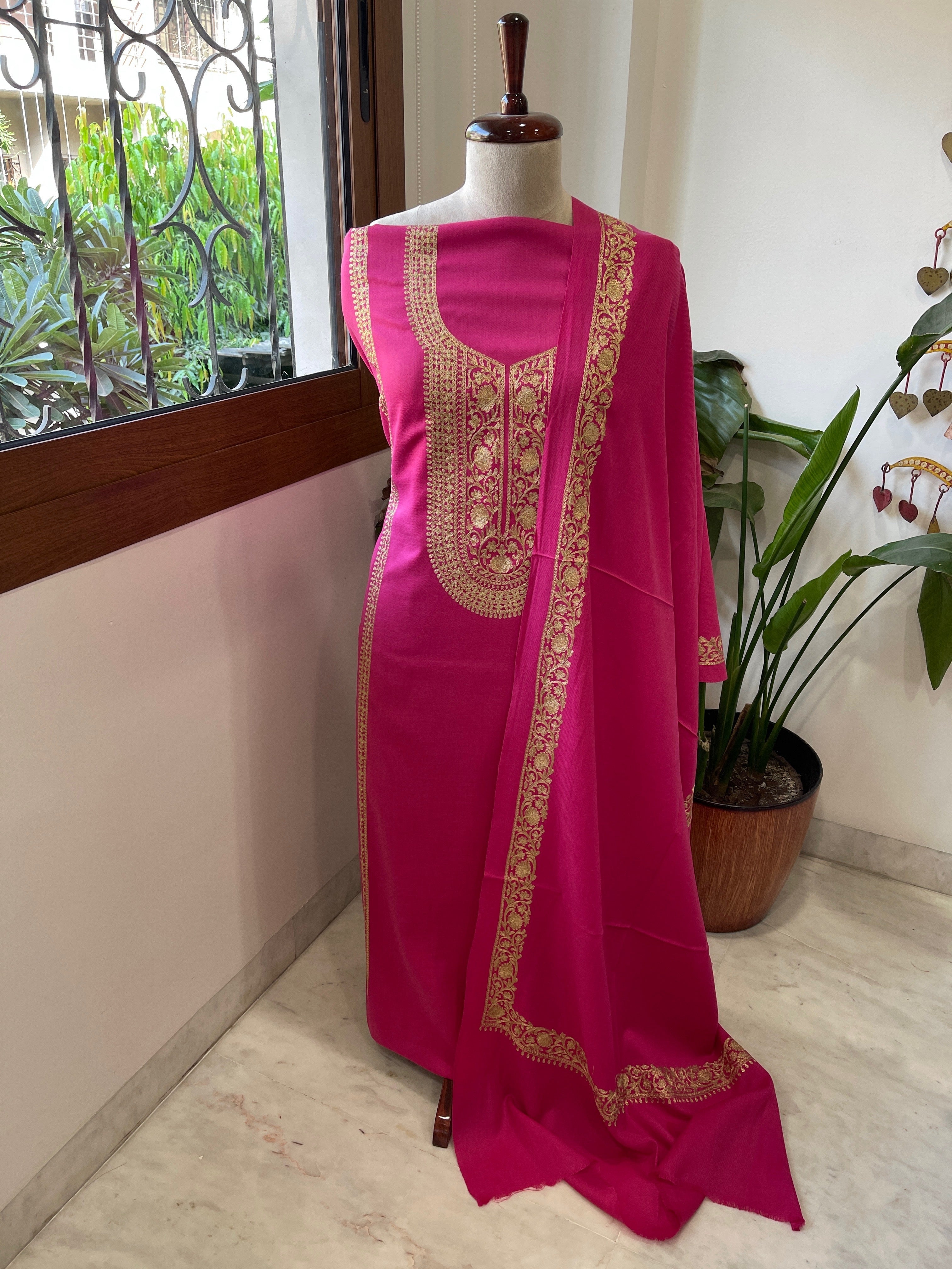 Hot Pink Winter Suit Set with Aari Work in Pashmina Wool - Masakalee