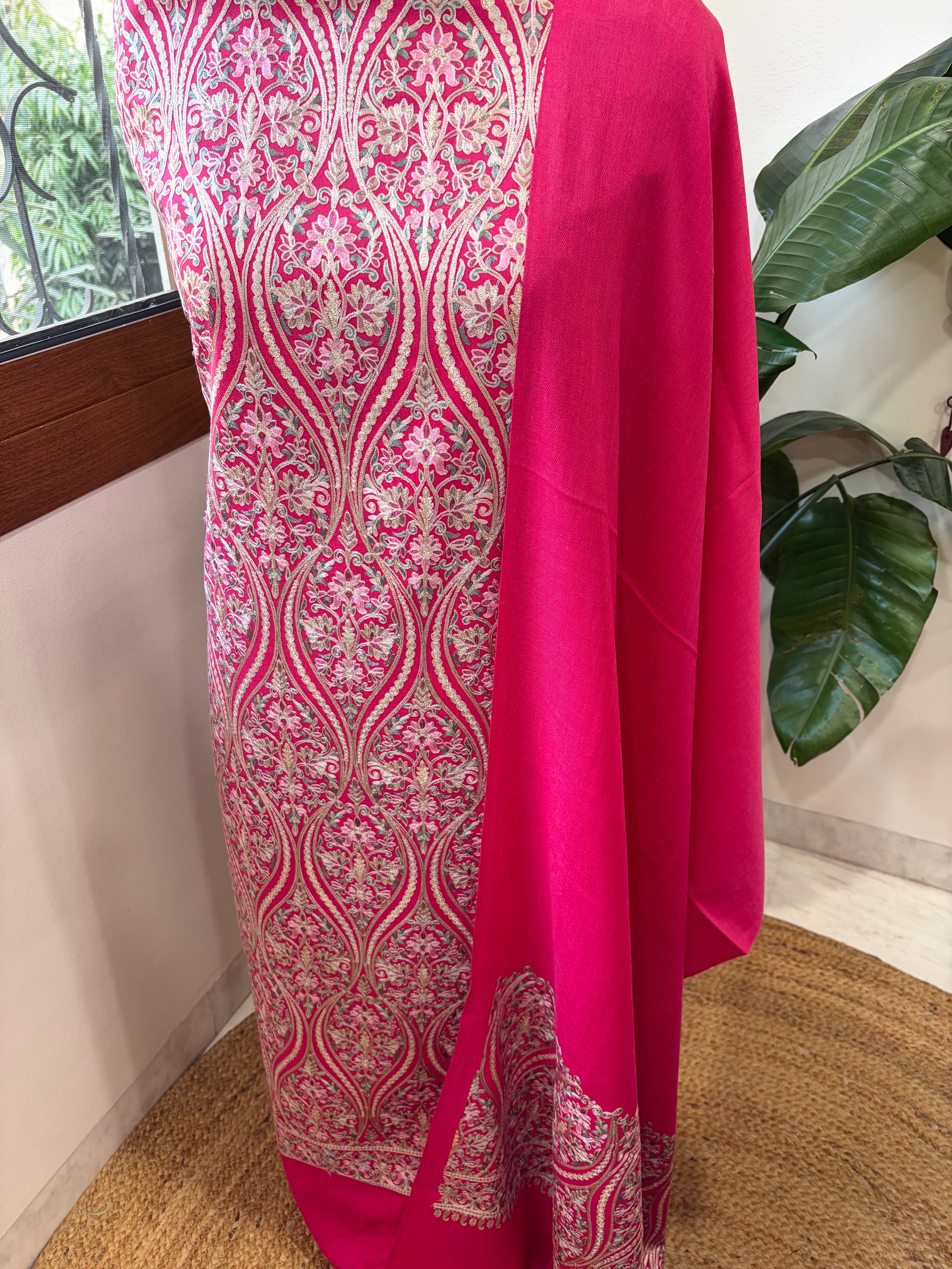 Hot Pink Winter Suit Set with Aari Work in Pashmina Wool - Masakalee