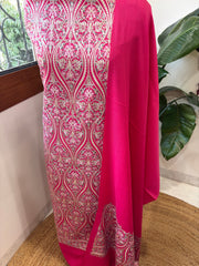 Hot Pink Winter Suit Set with Aari Work in Pashmina Wool - Masakalee