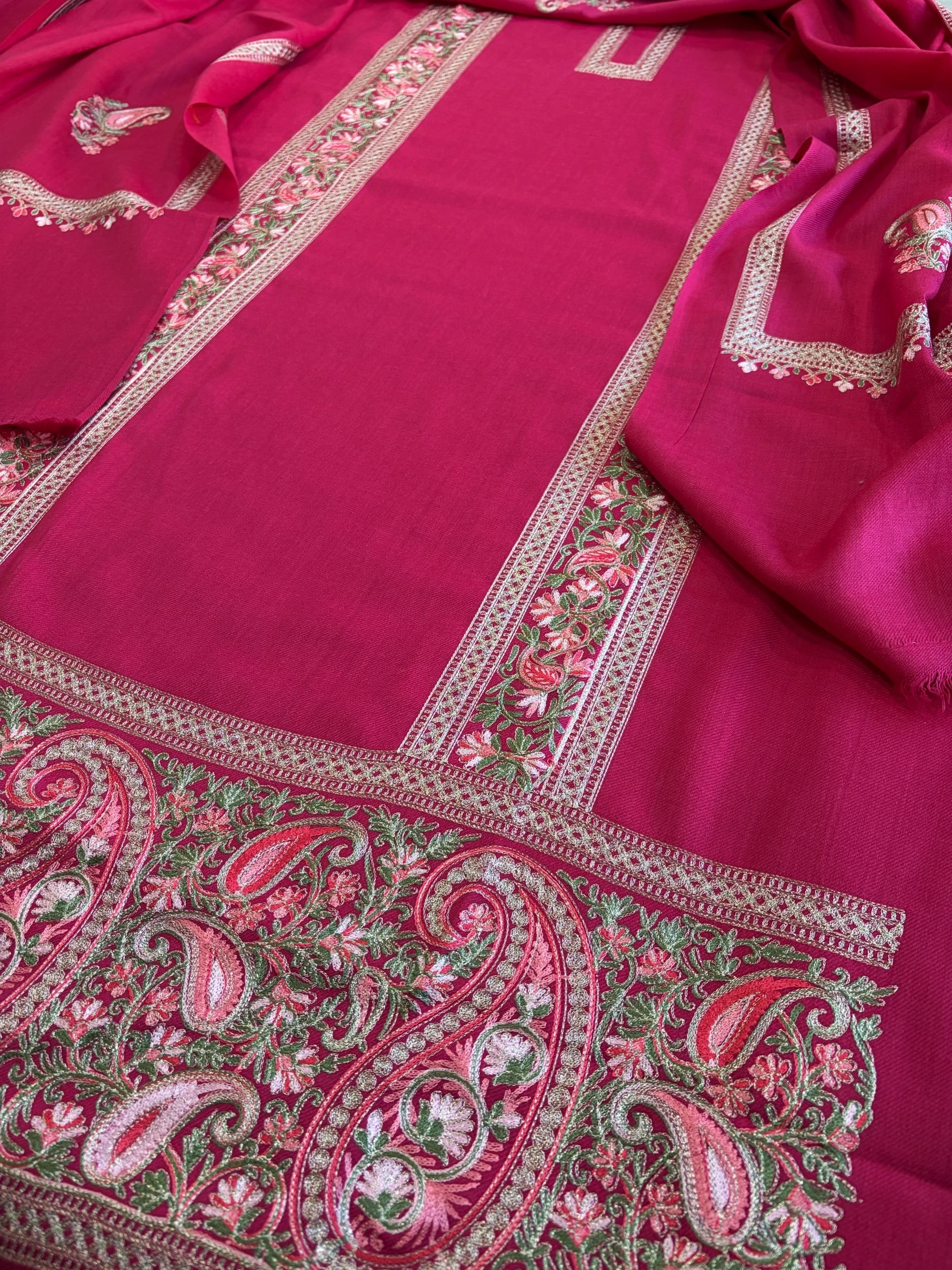 Hot Pink Winter Suit Set with Aari Work in Pashmina Wool - Masakalee