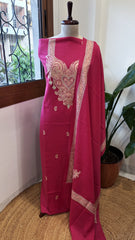 Hot Pink Winter Suit Set with Aari Work in Pashmina Wool - Masakalee