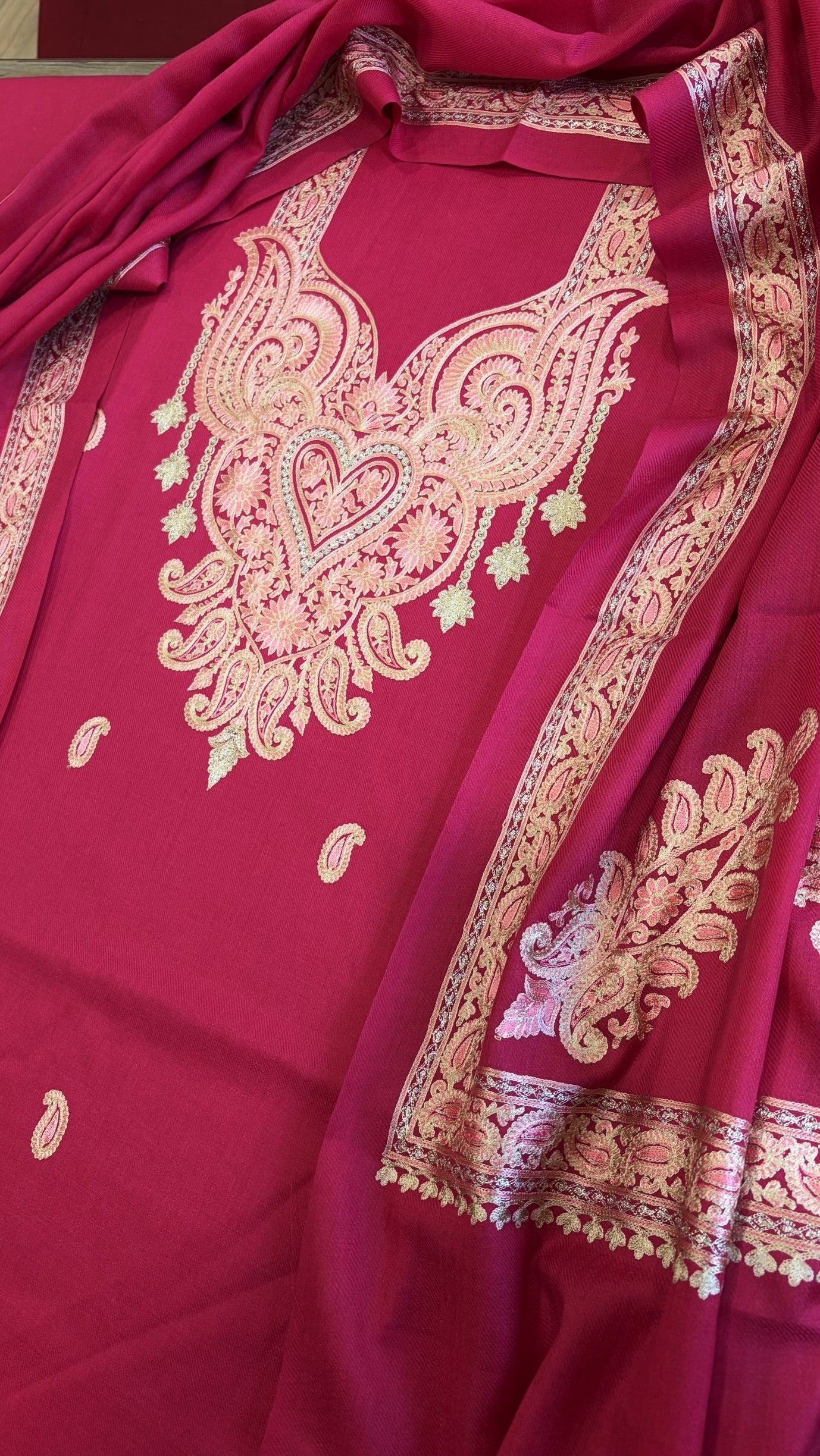 Hot Pink Winter Suit Set with Aari Work in Pashmina Wool - Masakalee