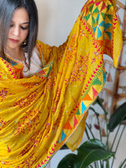 Yellow Handmade Phulkari Dupatta in Pure Chinon with Gotapatti Handwork