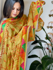 Mustard Handmade Phulkari Dupatta in Pure Chinon with Gotapatti Handwork