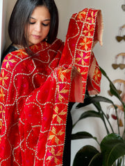 Red Handmade Phulkari Dupatta in Pure Chinon with Gota Handwork