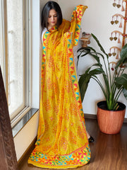 Yellow Handmade Phulkari Dupatta in Pure Chinon with Gotapatti Handwork