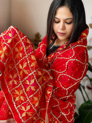 Red Handmade Phulkari Dupatta in Pure Chinon with Gota Handwork