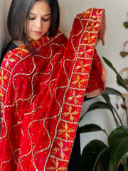 Red Handmade Phulkari Dupatta in Pure Chinon with Gota Handwork