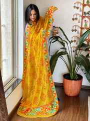 Yellow Handmade Phulkari Dupatta in Pure Chinon with Gotapatti Handwork