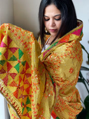 Mustard Handmade Phulkari Dupatta in Pure Chinon with Gotapatti Handwork