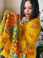 Yellow Handmade Phulkari Dupatta in Pure Chinon with Gotapatti Handwork