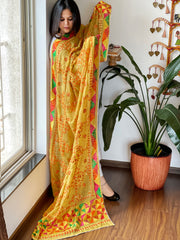 Mustard Handmade Phulkari Dupatta in Pure Chinon with Gotapatti Handwork