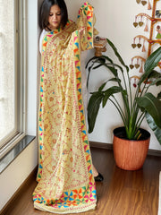 Beige Handmade Phulkari Dupatta in Pure Chinon with Gotapatti Handwork