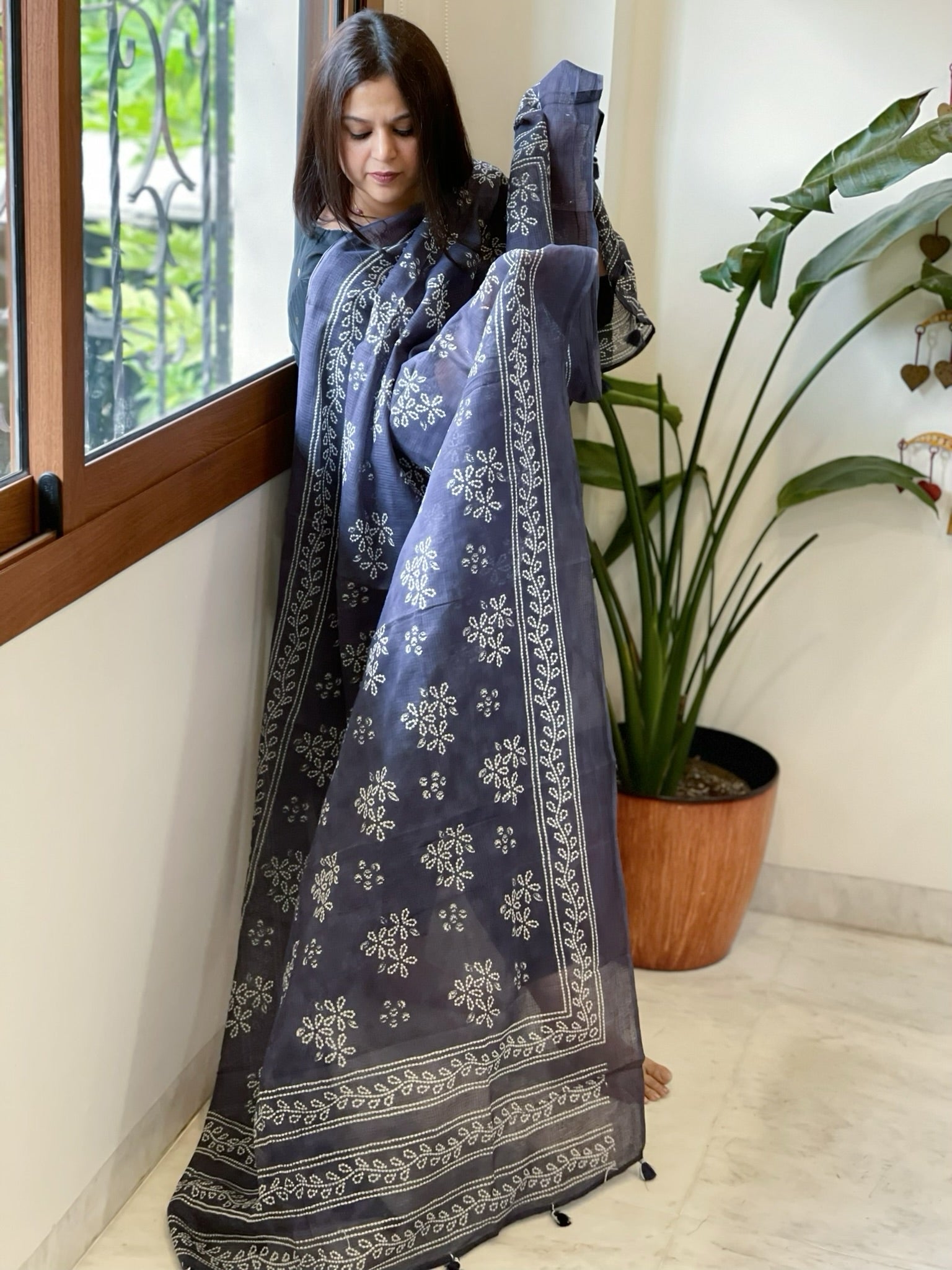Indigo Blue Kota Cotton Handblock Printed Dupatta - Masakalee