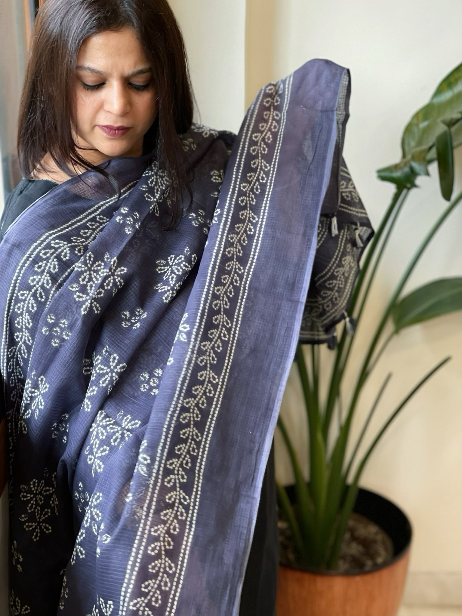 Indigo Blue Kota Cotton Handblock Printed Dupatta - Masakalee