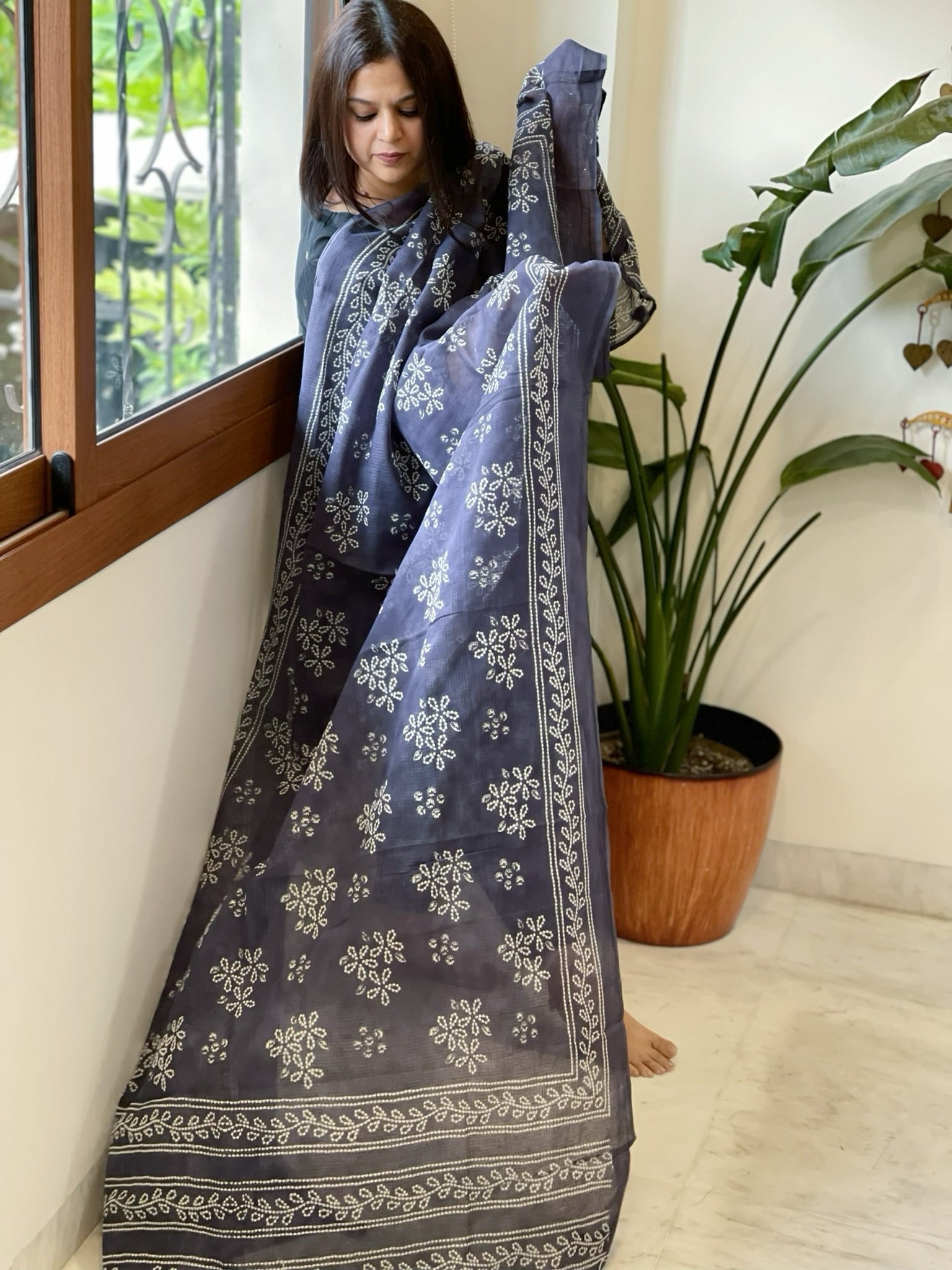 Indigo Blue Kota Cotton Handblock Printed Dupatta - Masakalee